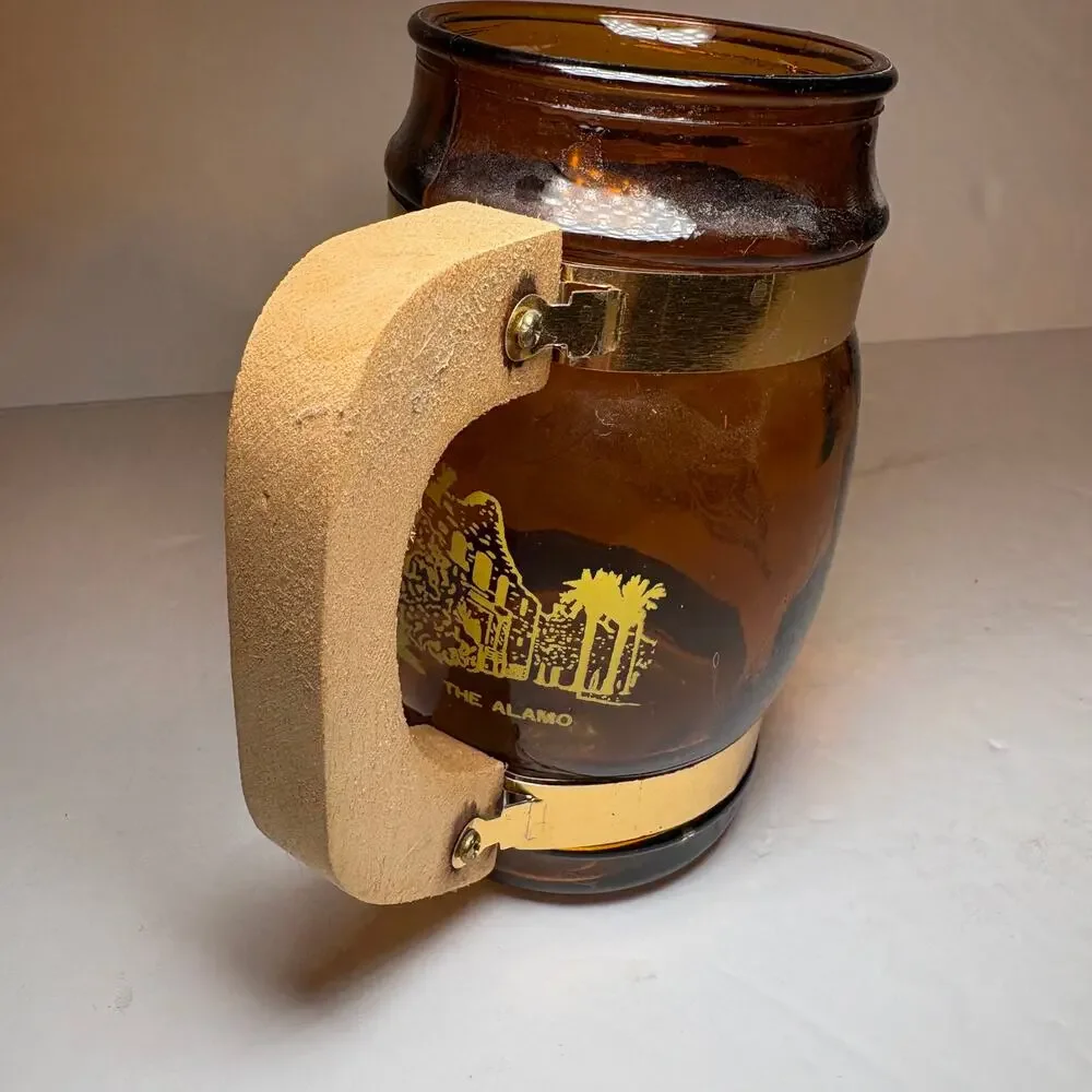 Vintage Texas Lone Star State Souvenir Brown Glass Barrel Mug Wood Handle